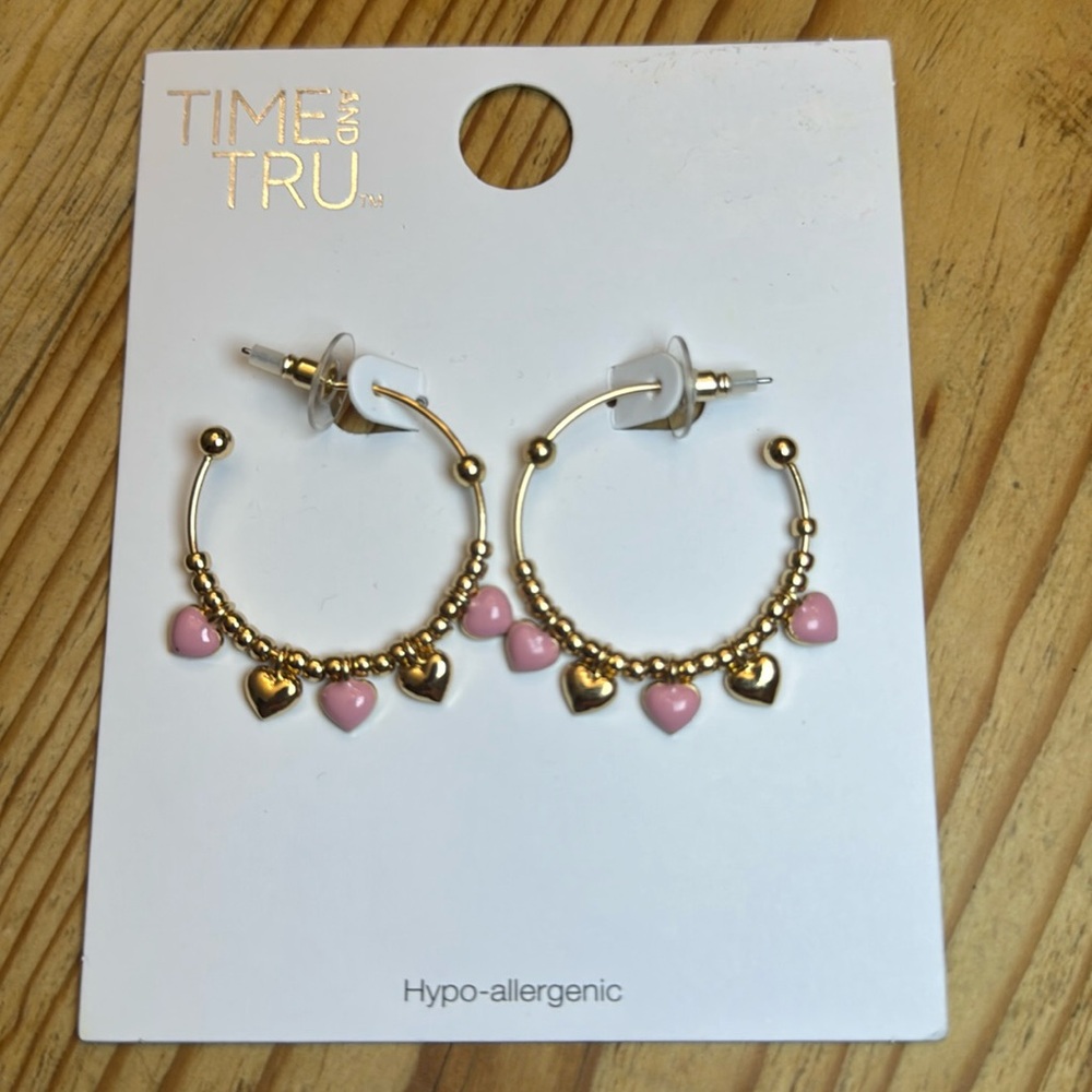 Time and Tru Gold and Pink Heart Hoop Earrings